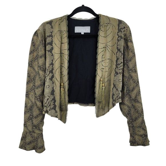 Vintage 80s Blazer Bolero Artsy Renaissance Tassel Lace Trim Bell Sleeve Gold S - Picture 1 of 13